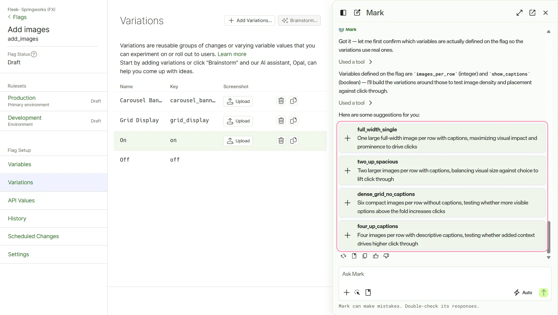 screenshot of Mark chat where a hypothesis is entered and a suggested variation is highlighted