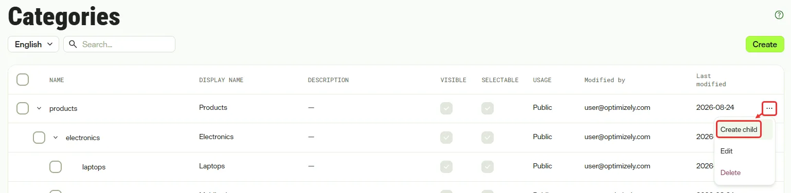 Screenshot of the Categories page where the More menu shows the Create child option Screenshot of the Categories page where the More menu shows the Create child option