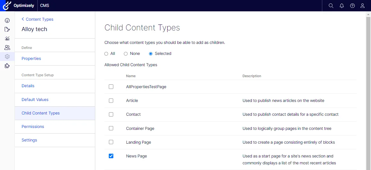 Set values on the Child Content Types tab.