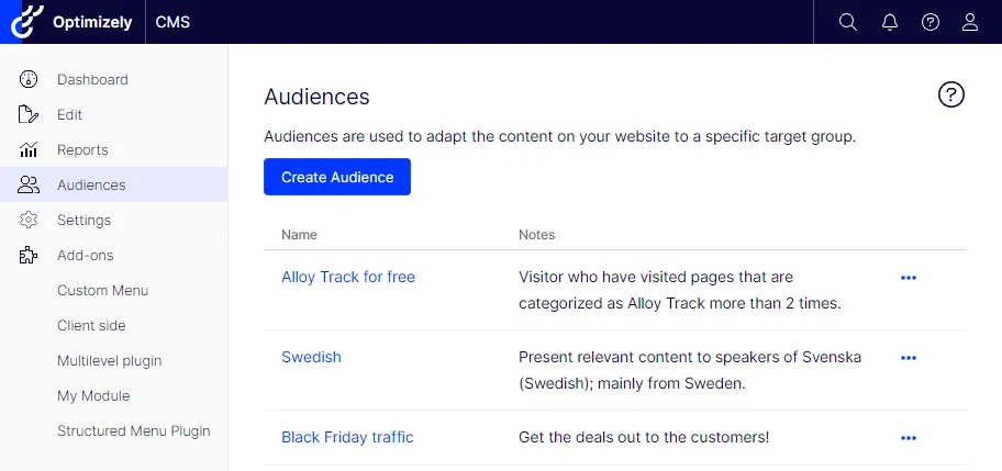 Manage audiences user interface for CMS 12