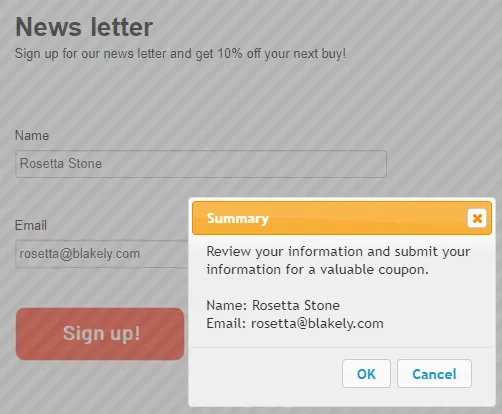 Example of summary dialog box with confirmation message