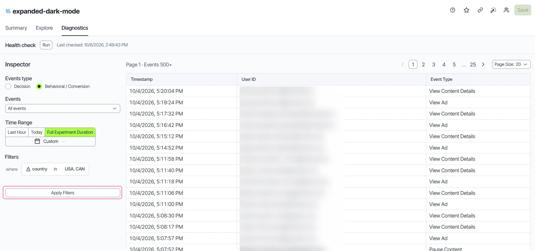 screenshot of the Diagnostics tab inspector where Apply Filters is highlighted after defining a filter condition screenshot of the Diagnostics tab inspector where Apply Filters is highlighted after defining a filter condition