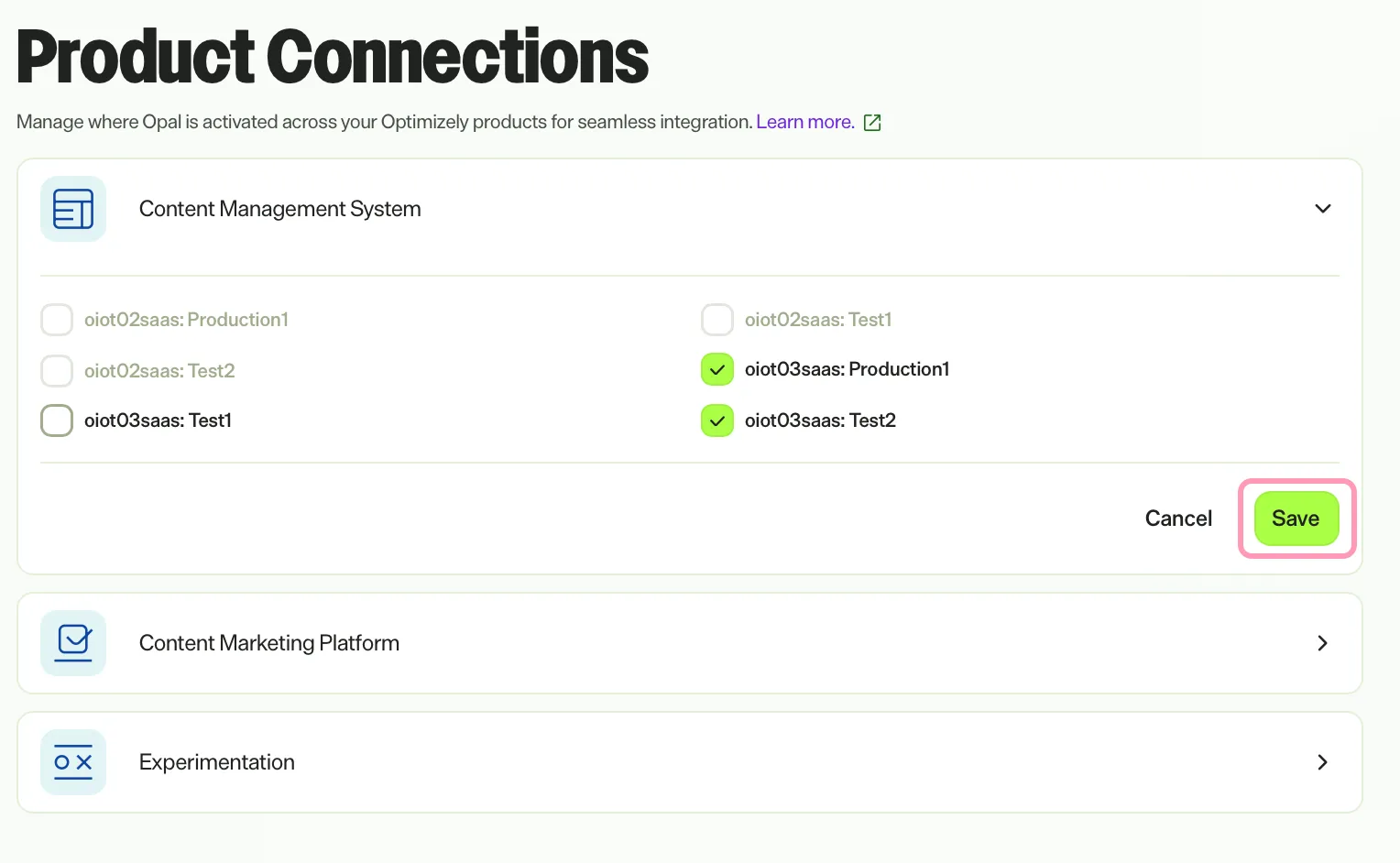 Product Connections in Opal settings