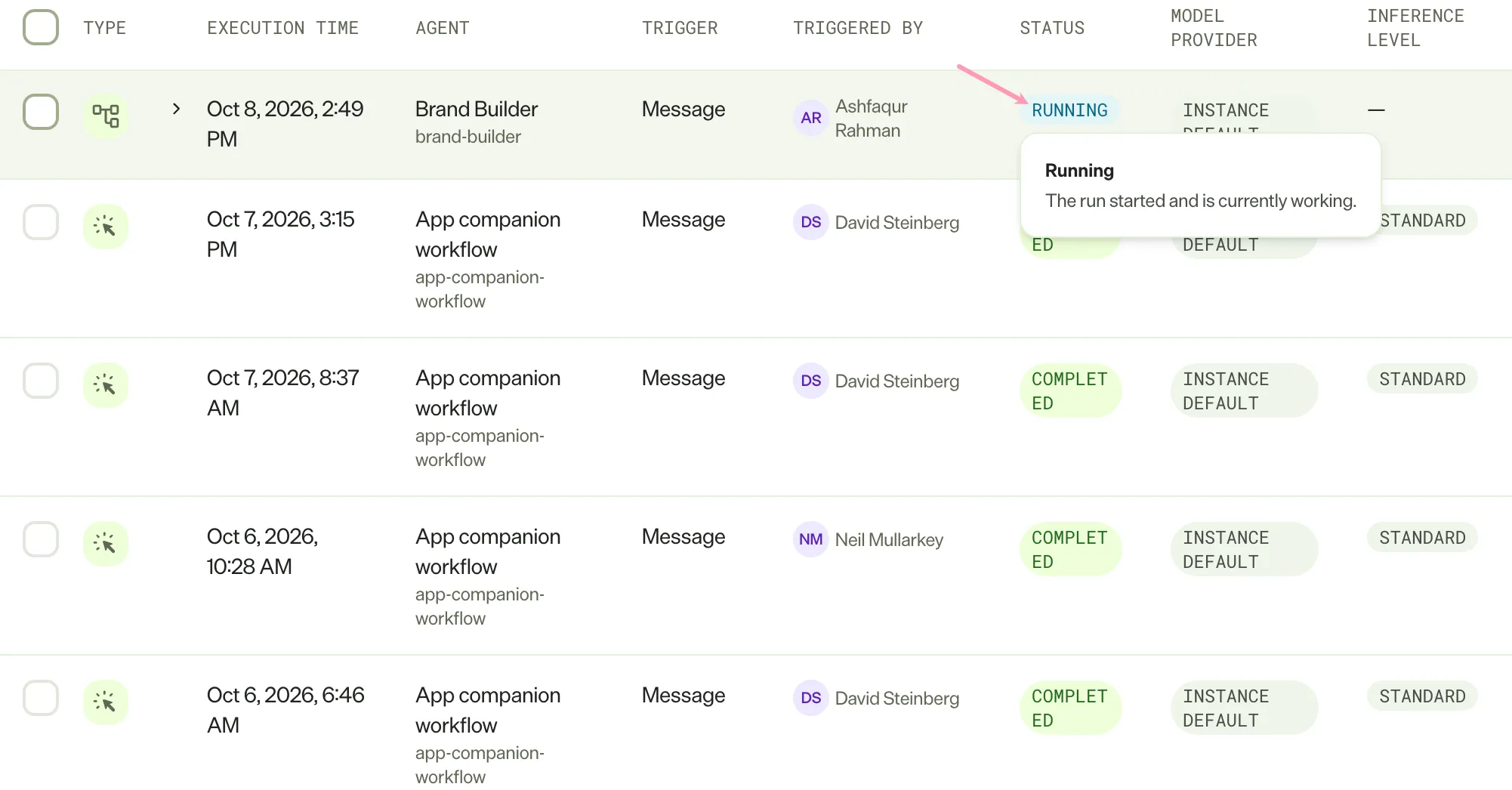 screenshot of the Status column where the pointer rests on a status badge and its reason displays