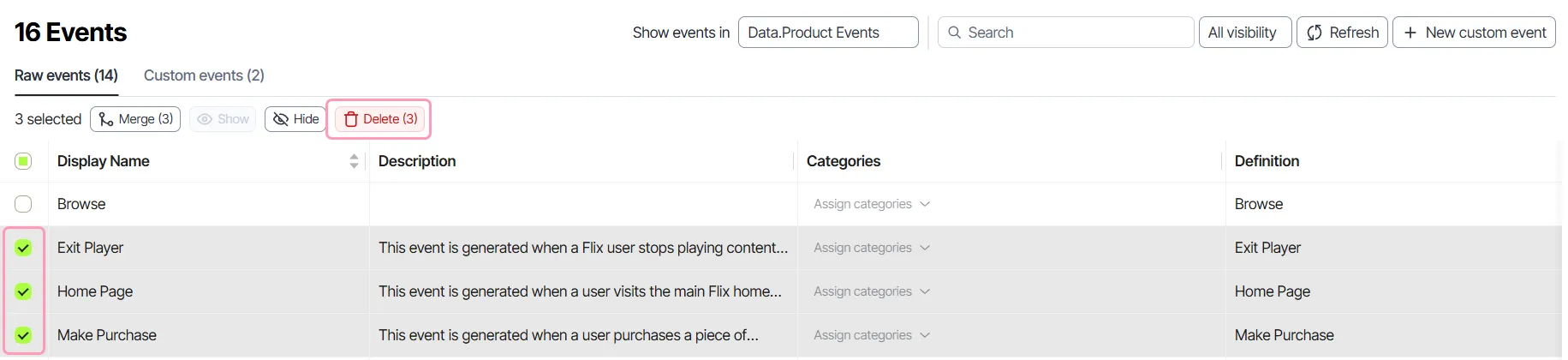 Select multiple events and click Delete