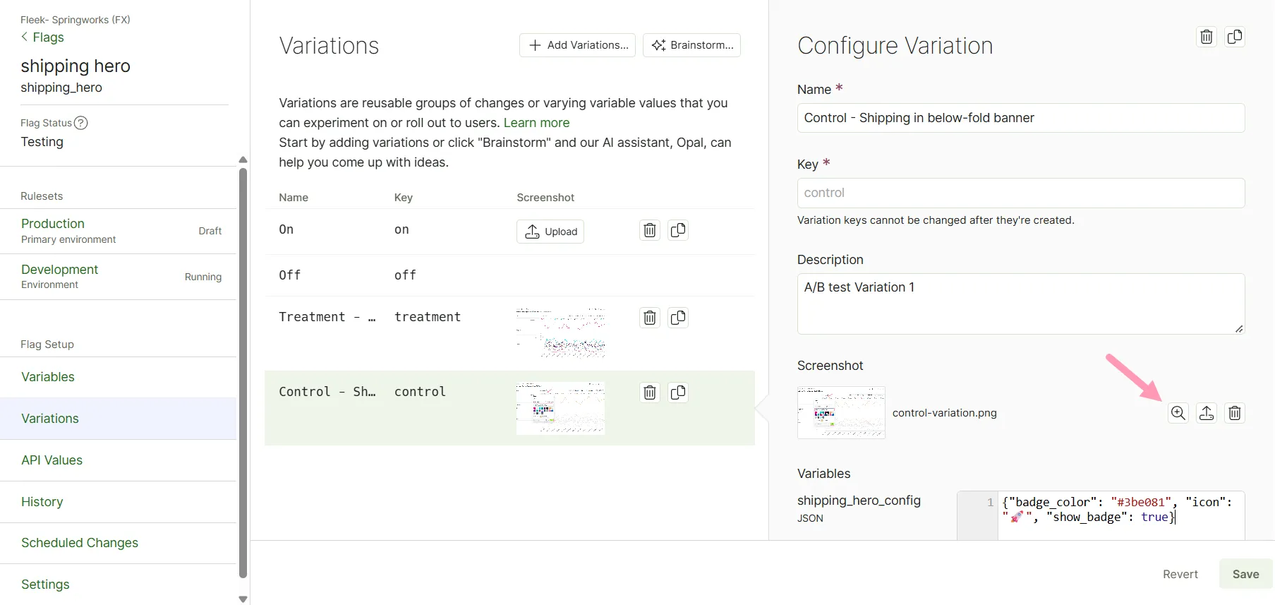 screenshot of the Configure Variation panel where Preview screenshot is highlighted in the Screenshot field