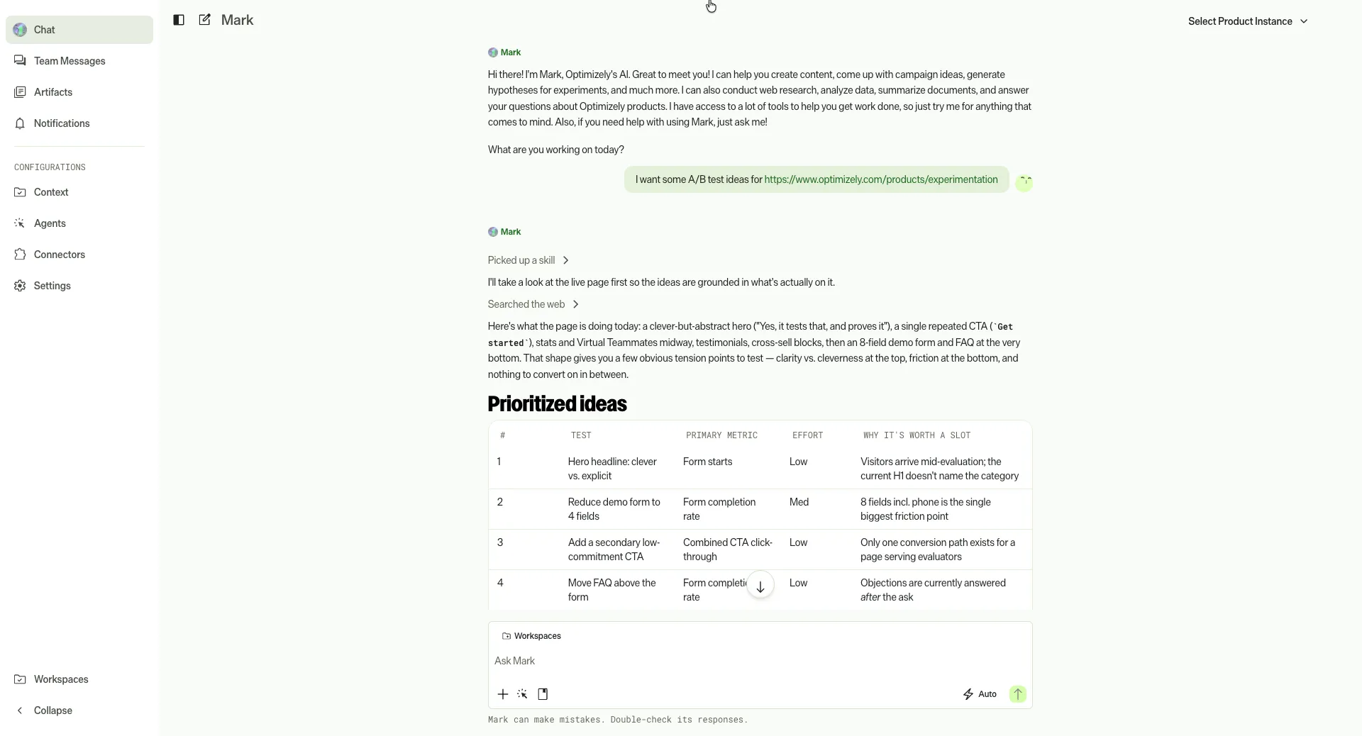 Screenshot of Mark where a response to a prompt displays