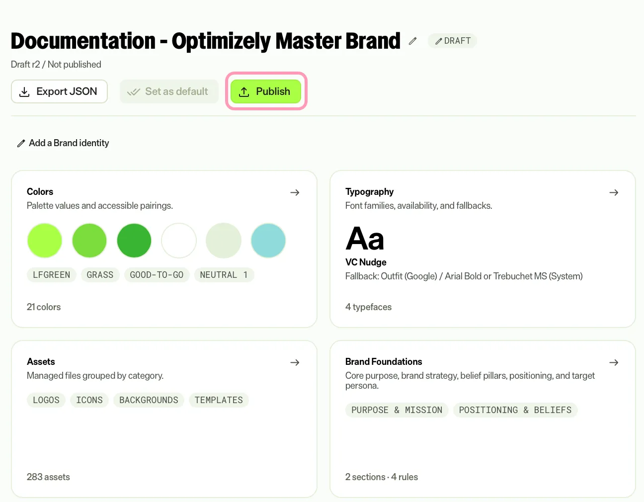 Screenshot of a Brand Pack page where the Publish option publishes the Brand Pack