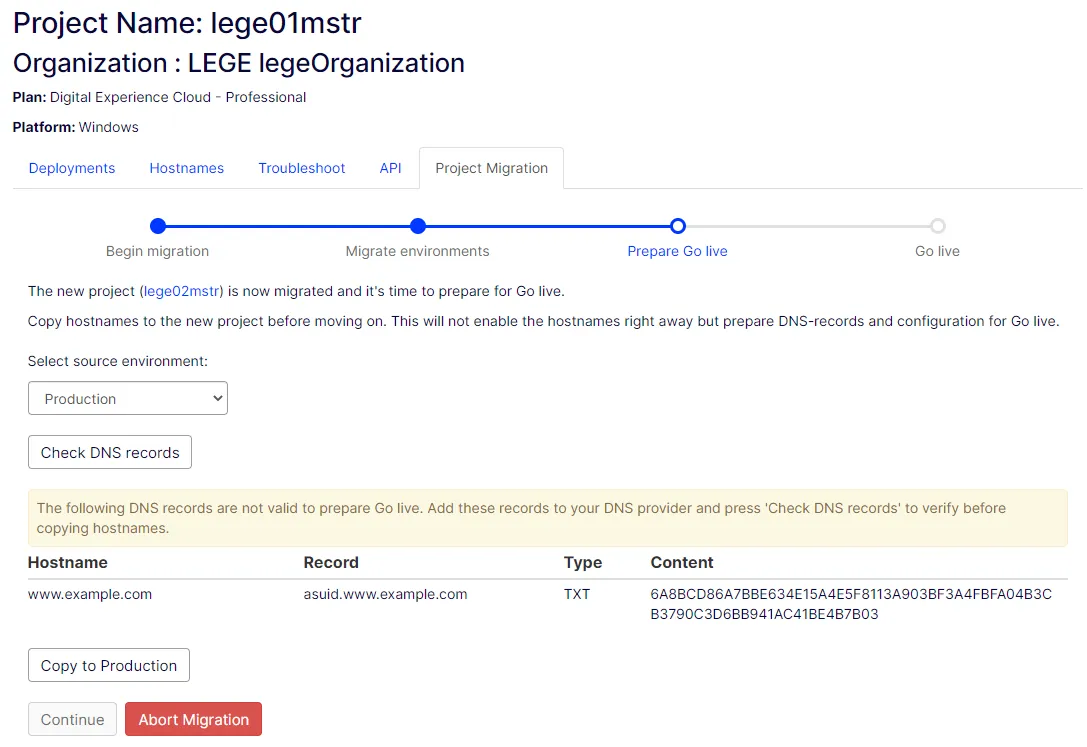 Screenshot of the prepare go-live step where Check DNS records verifies the DNS record status