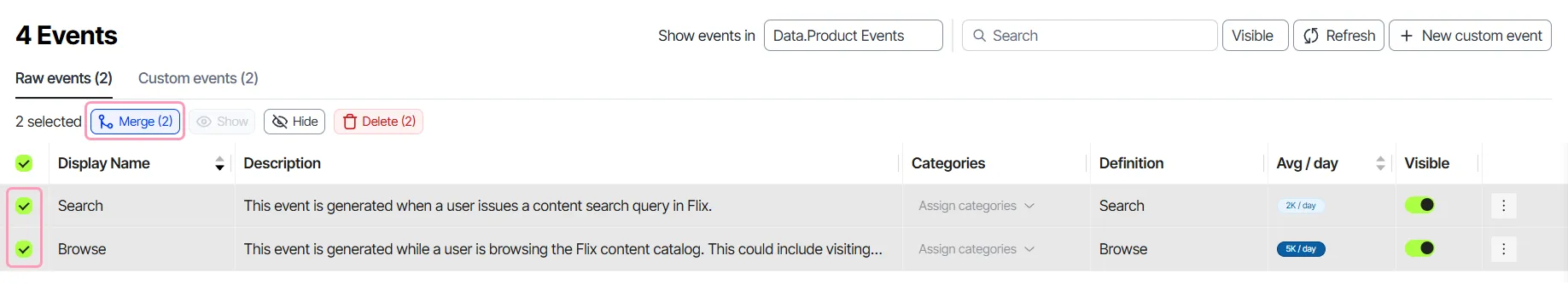 Select multiple events and click Merge
