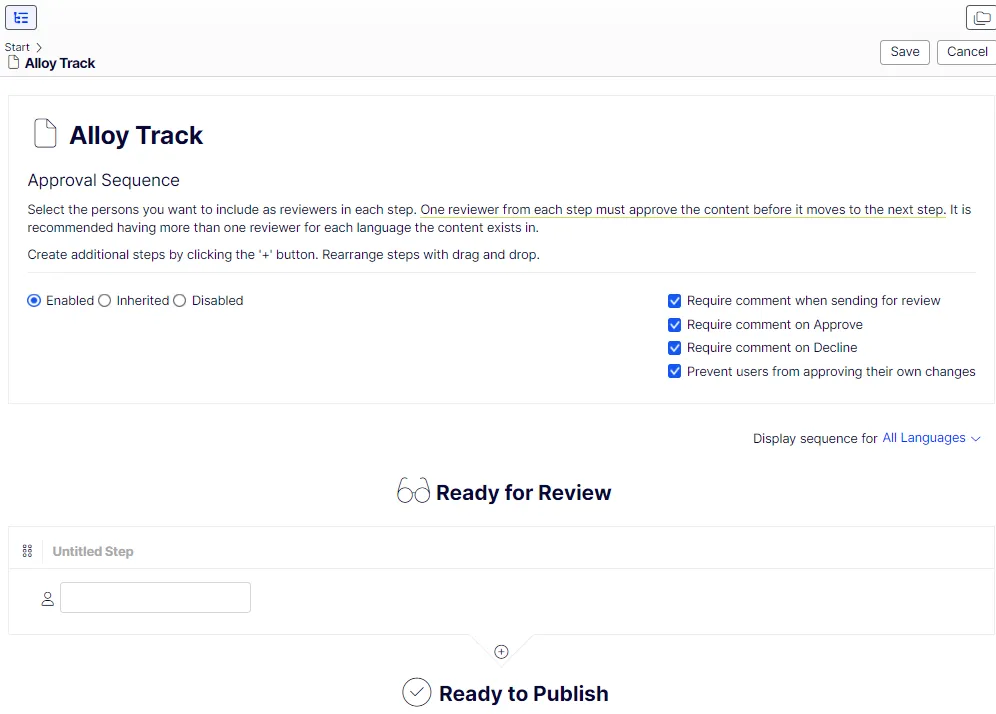 In the approval sequence overview, you define the number of approval steps (you
can have as many as you like) and the persons responsible for review and approval in each step.