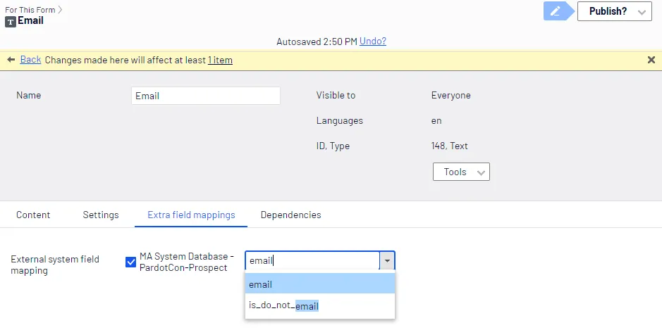 Mapping a Pardot database field to a form field