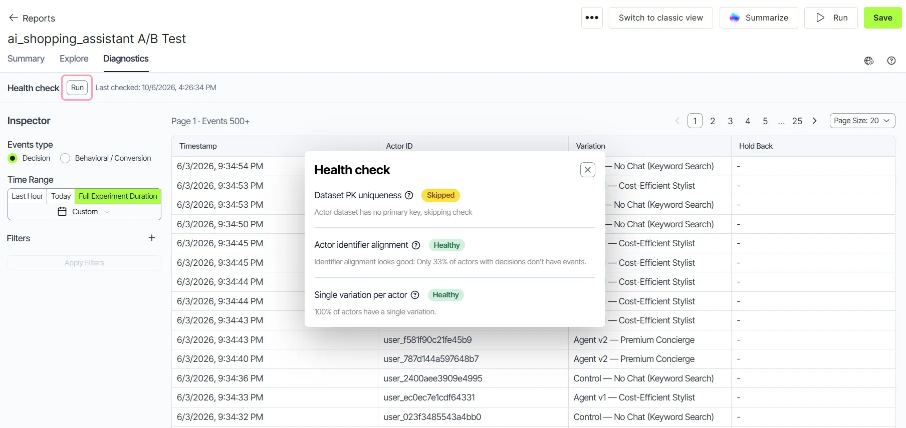 screenshot of the Diagnostics tab where Run is highlighted in the Health check section screenshot of the Diagnostics tab where Run is highlighted in the Health check section
