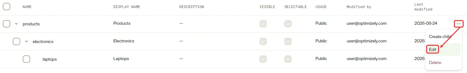 Screenshot of the Categories page where the More menu shows the Edit option Screenshot of the Categories page where the More menu shows the Edit option