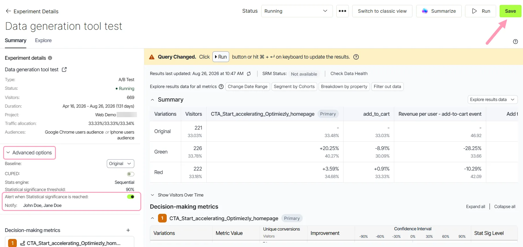 screenshot of the Advanced options section with Alert when Statistical significance is reached turned on and recipients selected