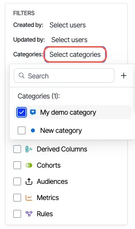 screenshot of the Filters panel where the Categories filter is open with one category selected