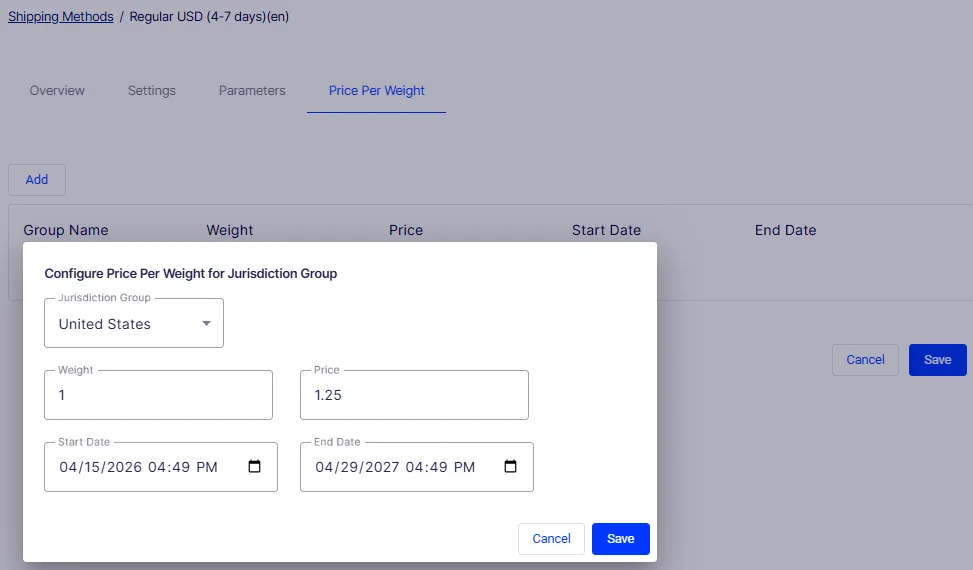 Price Per Weight tab showing the Configure Price Per Weight for Jurisdiction Group modal with Jurisdiction Group, Weight, Price, Start Date, and End Date fields Price Per Weight tab showing the Configure Price Per Weight for Jurisdiction Group modal with Jurisdiction Group, Weight, Price, Start Date, and End Date fields