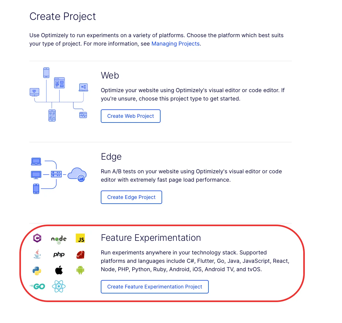 Select Feature Experimentation project type