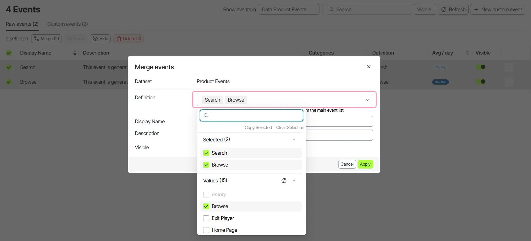 Click the Definition field to add more events to the merge
