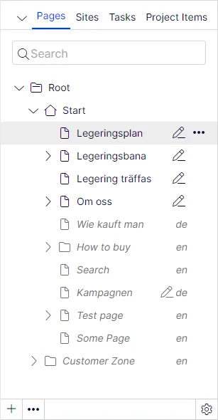 If your master language is English and you switch to Swedish, pages not yet translated
into Swedish are displayed in italics in the page tree