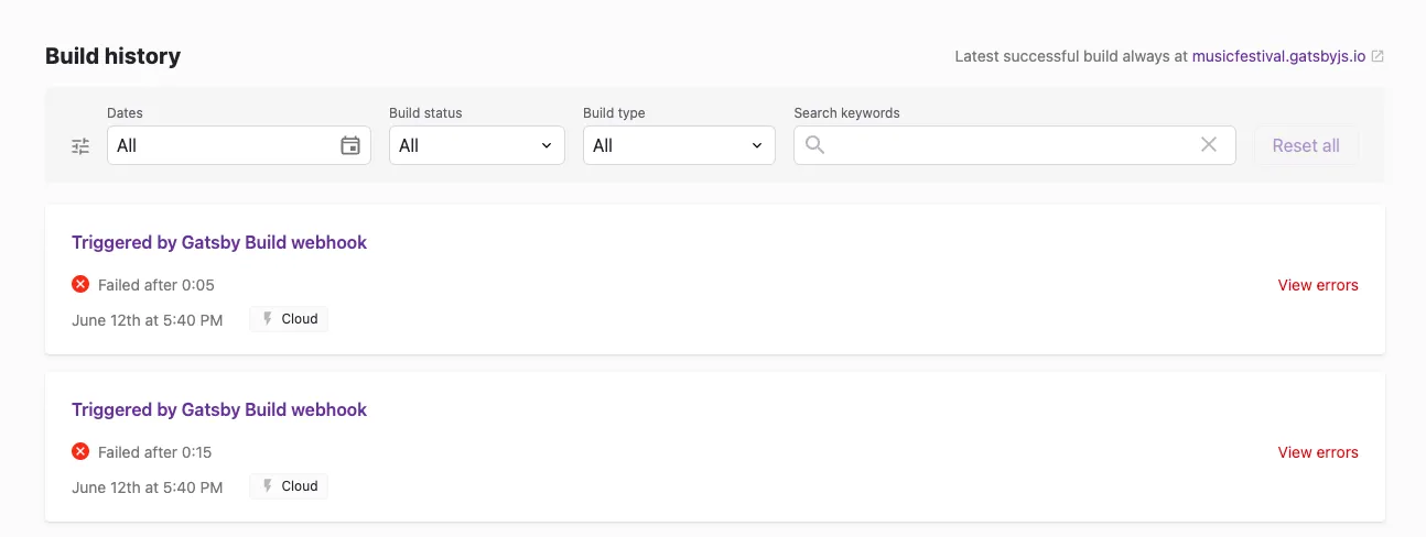 screenshot of Gatsby Cloud build status page confirming a successful build triggered by the webhook event