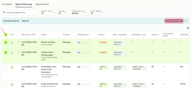 screenshot of the Agent Activity Logs table where executions are selected and the Stop executions option is visible