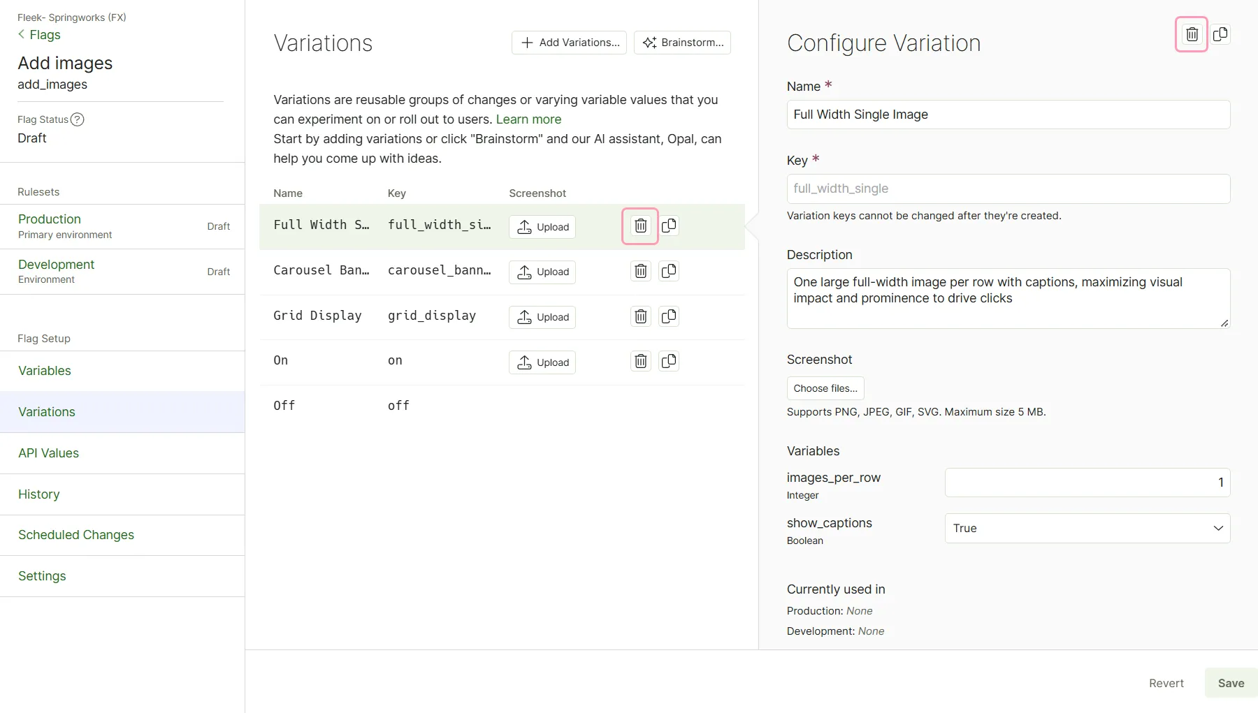 screenshot of the Variations page and the Configure Variation panel where Delete variation is highlighted