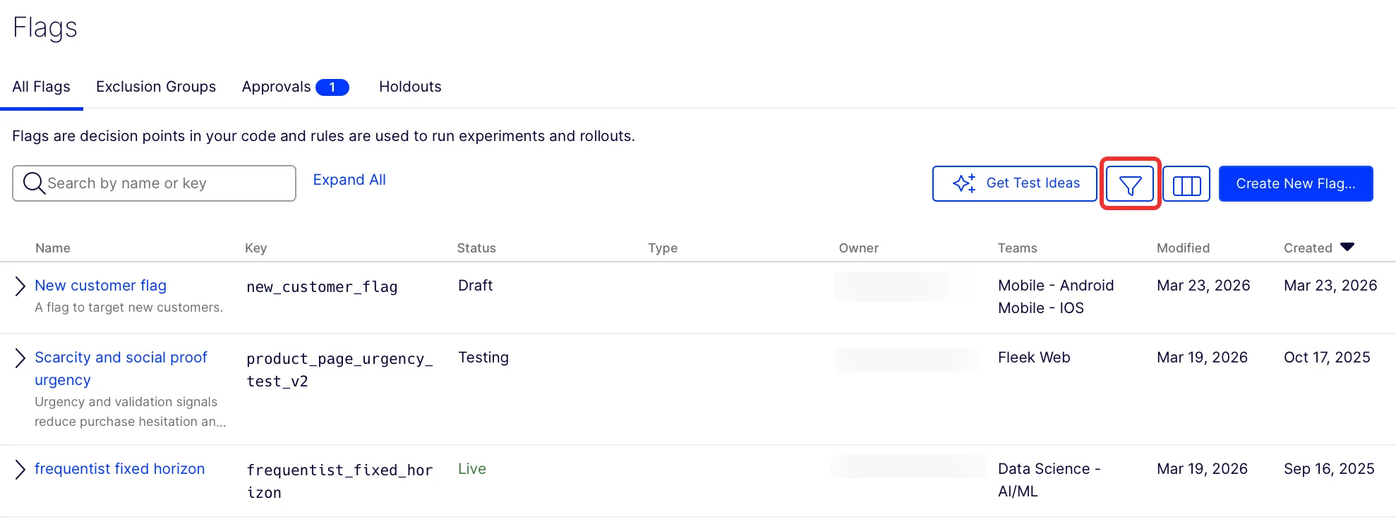 Screenshot of the Flags page with the Apply Filters highlighted