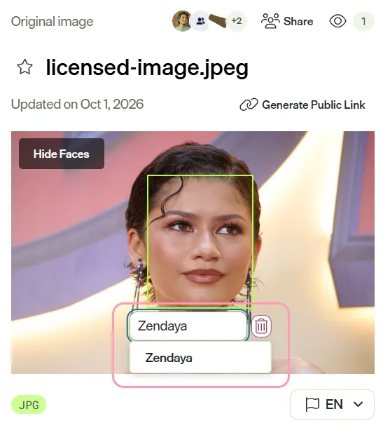 Screenshot showing name editing for a detected face in the asset view