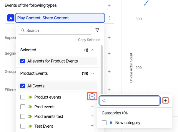 screenshot of the exploration event picker where the add button next to an event opens the category list