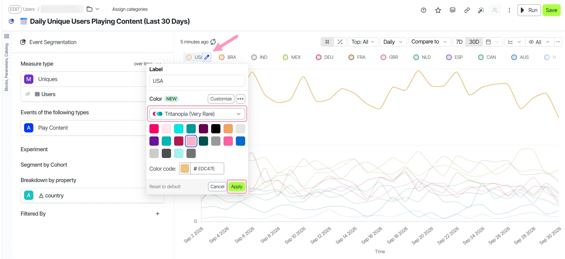 Series editor opened from the legend pencil icon, with a palette selected and the Apply button