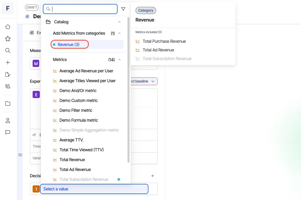 screenshot of the metric picker in an experiment where selecting a category adds all three of its metrics