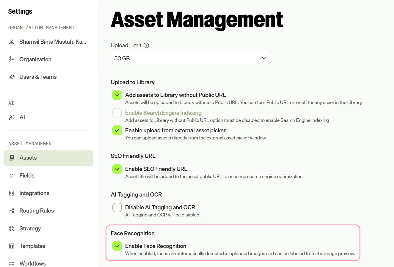 Screenshot of the Asset Management settings page where Enable Face Recognition is selected
