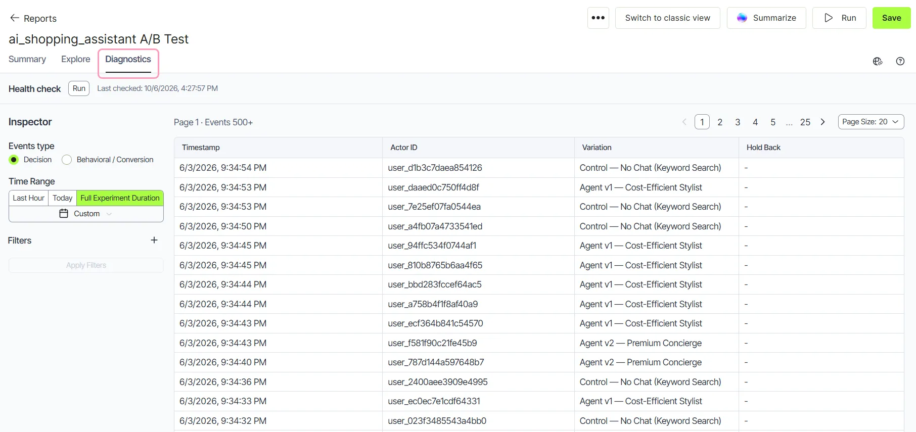 screenshot of the experiment results page where the Diagnostics tab is selected screenshot of the experiment results page where the Diagnostics tab is selected