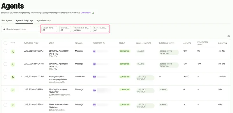screenshot of the Agent Activity Logs tab where the Agent Type, Status, Triggered By, and Date Range filters are visible