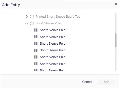 Screenshot of the Add Entry window showing Short Sleeve Polo variants selected for inclusion in a package.