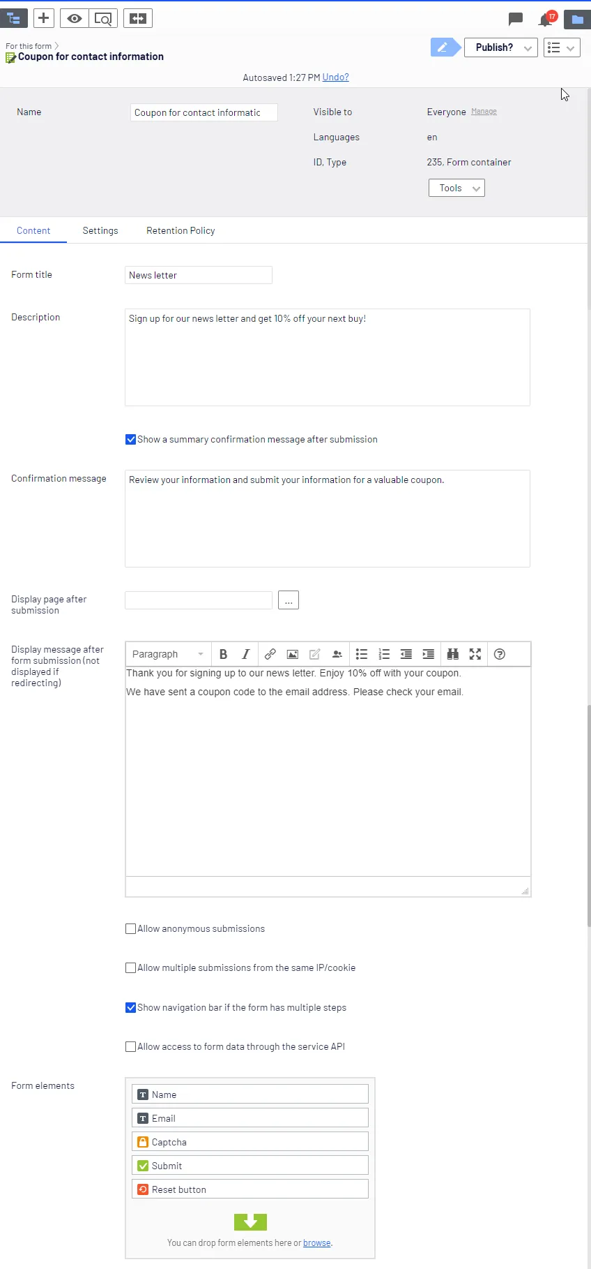 New form container Content tab