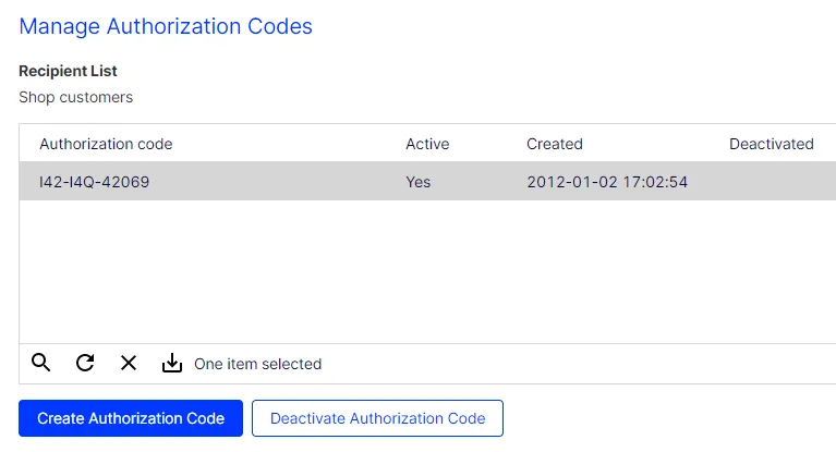 Image: Manage authorization codes Image: Manage authorization codes