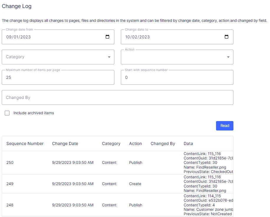 Settings Change log Settings Change log
