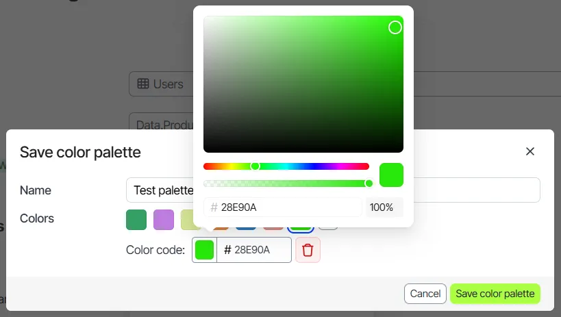 Color picker with opacity percentage and Delete option