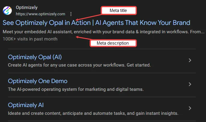 Screenshot of search engine results page where the meta title and description display for a website listing