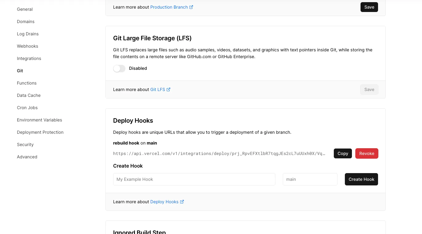 screenshot of Vercel deploy hook configuration page where the name and target branch are set screenshot of Vercel deploy hook configuration page where the name and target branch are set