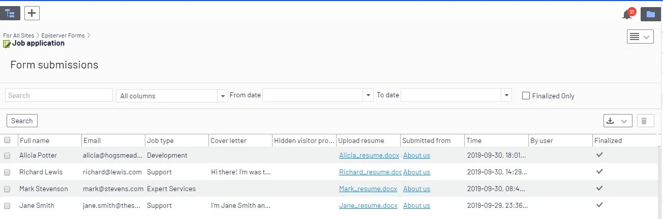 Job application form submissions Job application form submissions