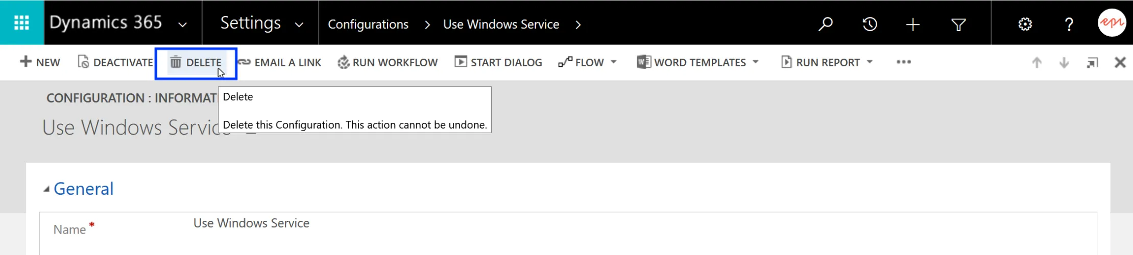 Image: Deleting the configuration