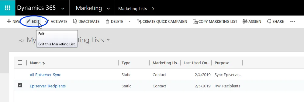 Image: Edit Marketing list Image: Edit Marketing list