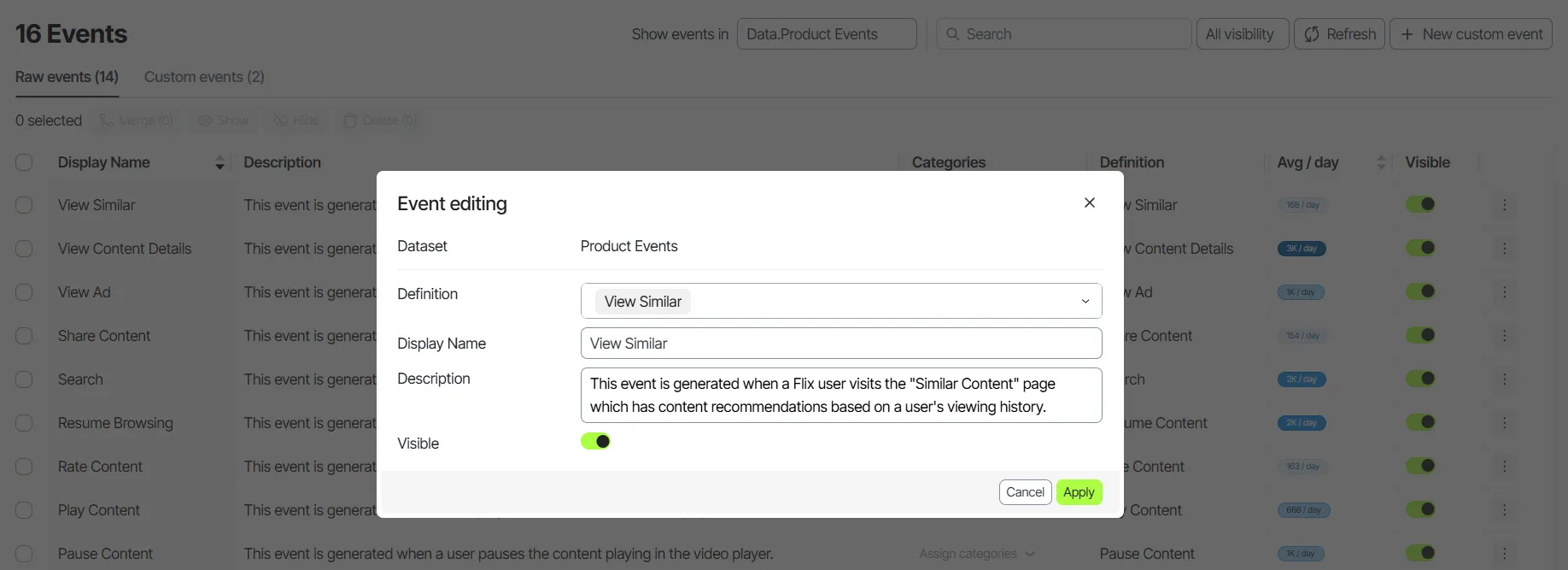 Click an event stream to view its details
