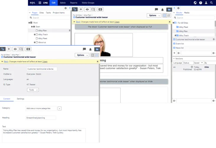 Block editing in on-page edit view/all properties view
