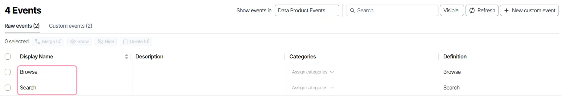 Unmerged events display in the events list