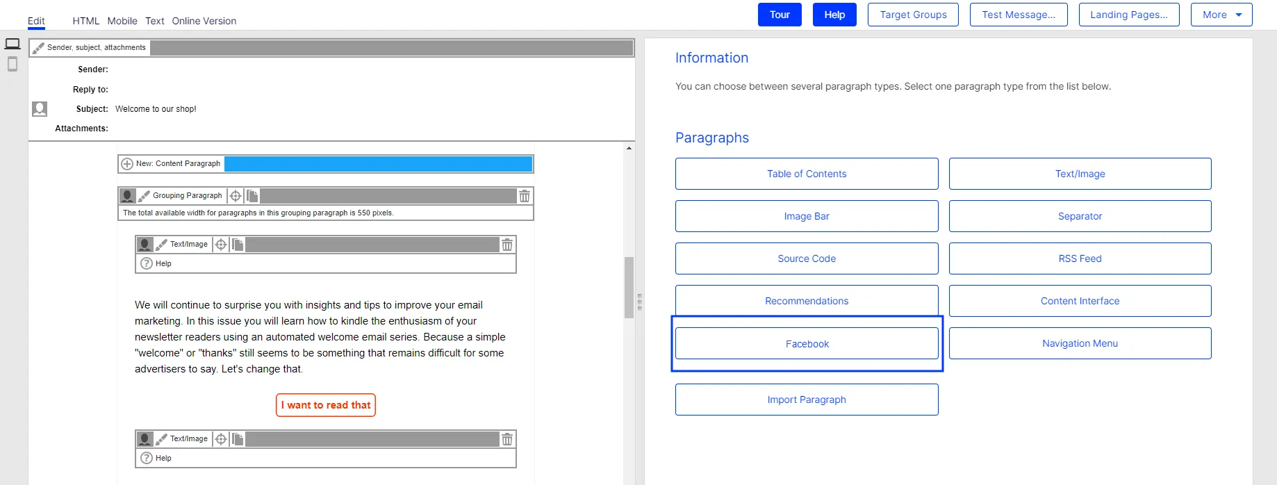Image: Select Facebook paragraph Image: Select Facebook paragraph