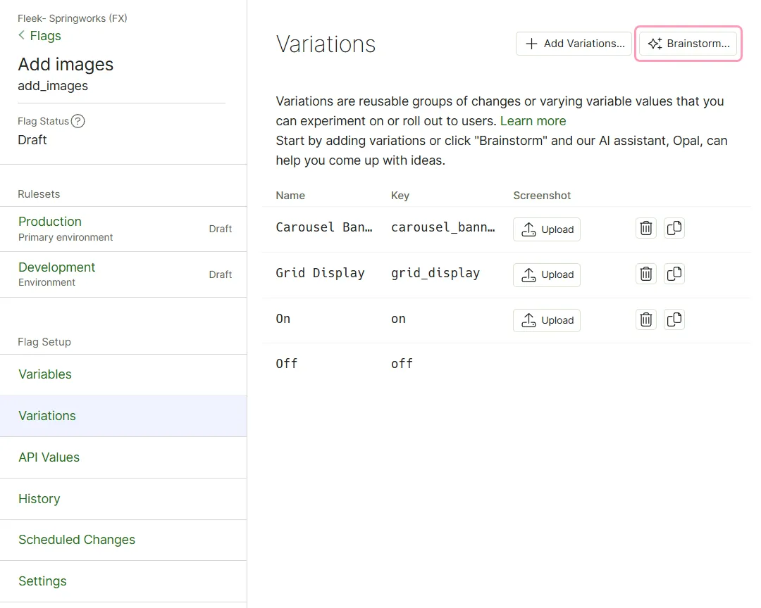 screenshot of the Variations page where Brainstorm is highlighted